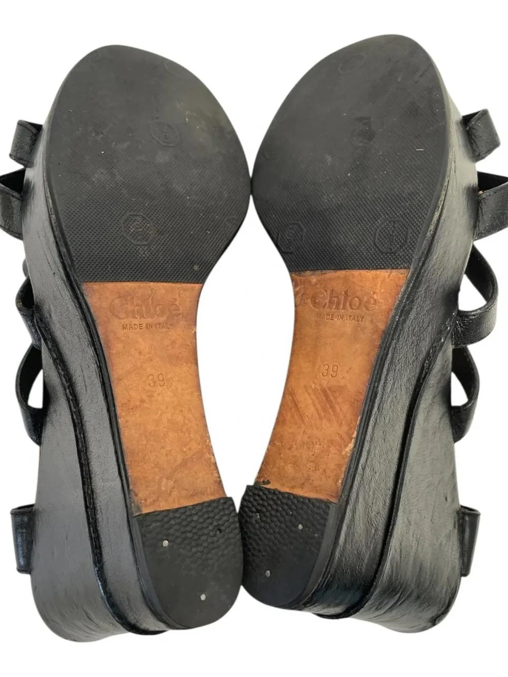 Chloe Black Leather Strappy Platform Wedge Sandals
